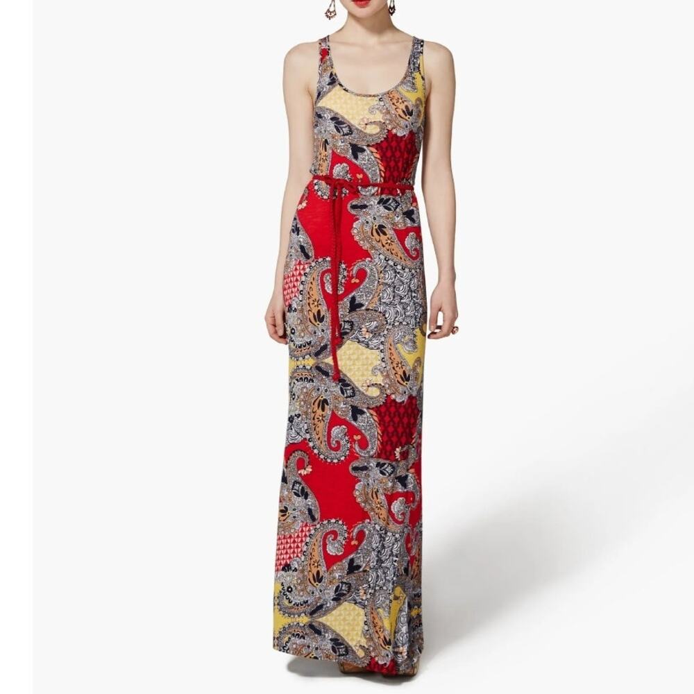 Lucky Brand Paisley Maxi Dress Womens Small Red Knit Modal Cotton Beachy Belted